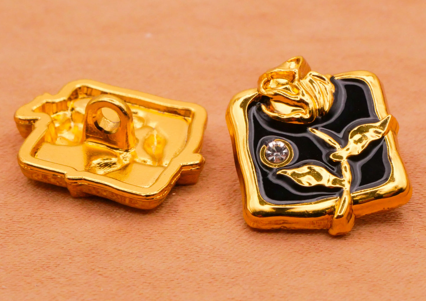 Rose Rhinestone Black Enamel Gold Metal Button 14x18mm