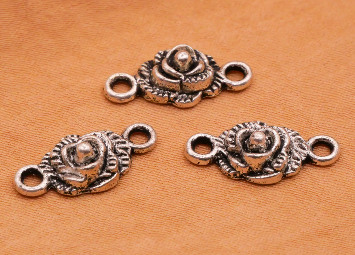 Rose Realistic Silver Metal Set of Three Charms Embellishments 9x19mm