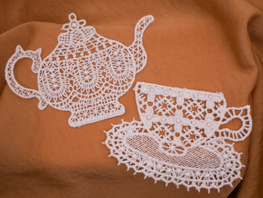 Teapot Teacup Doily Lace Applique Pair of Embellishments 66-110mm
