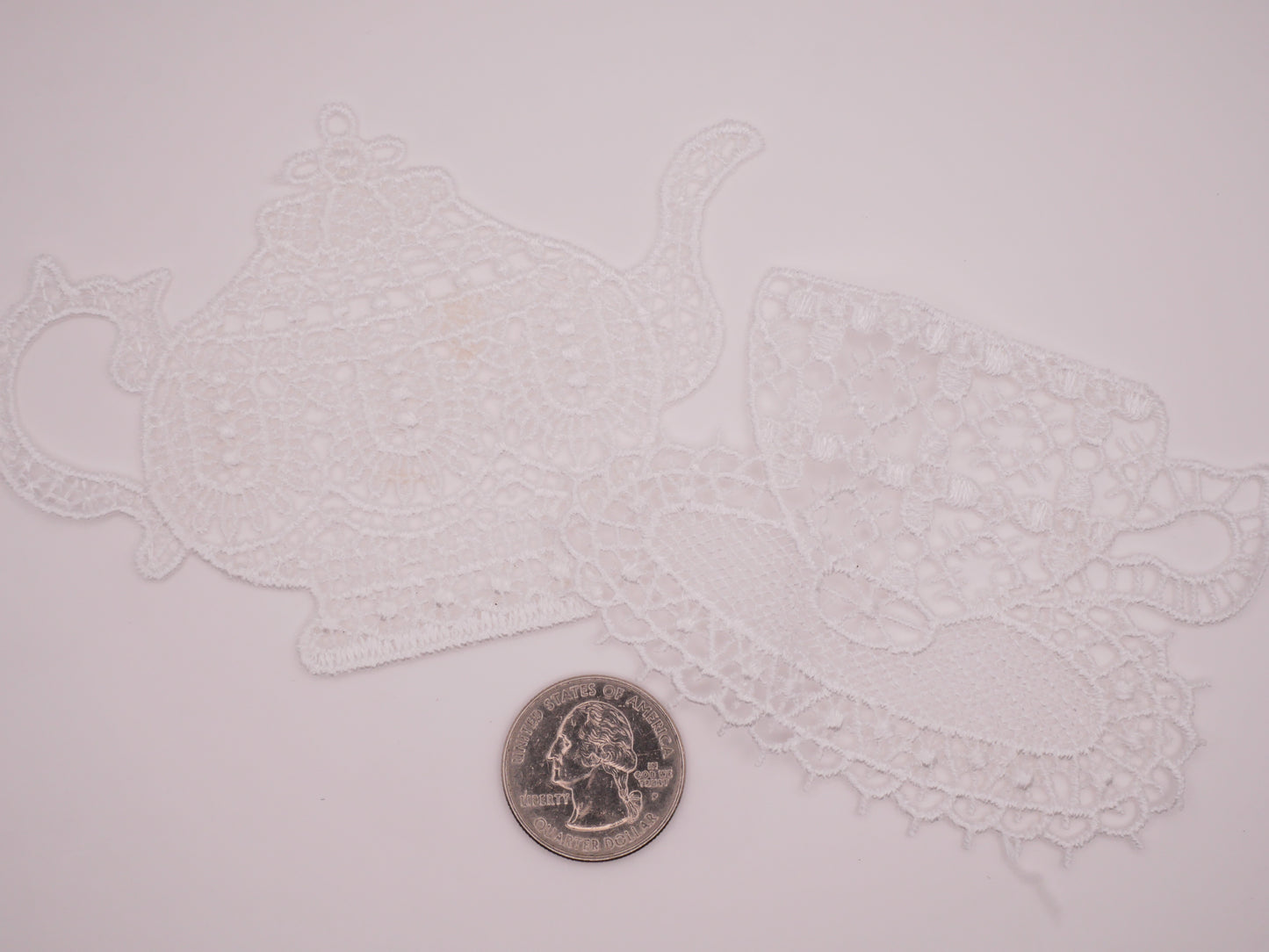 Teapot Teacup Doily Lace Applique Pair of Embellishments 66-110mm