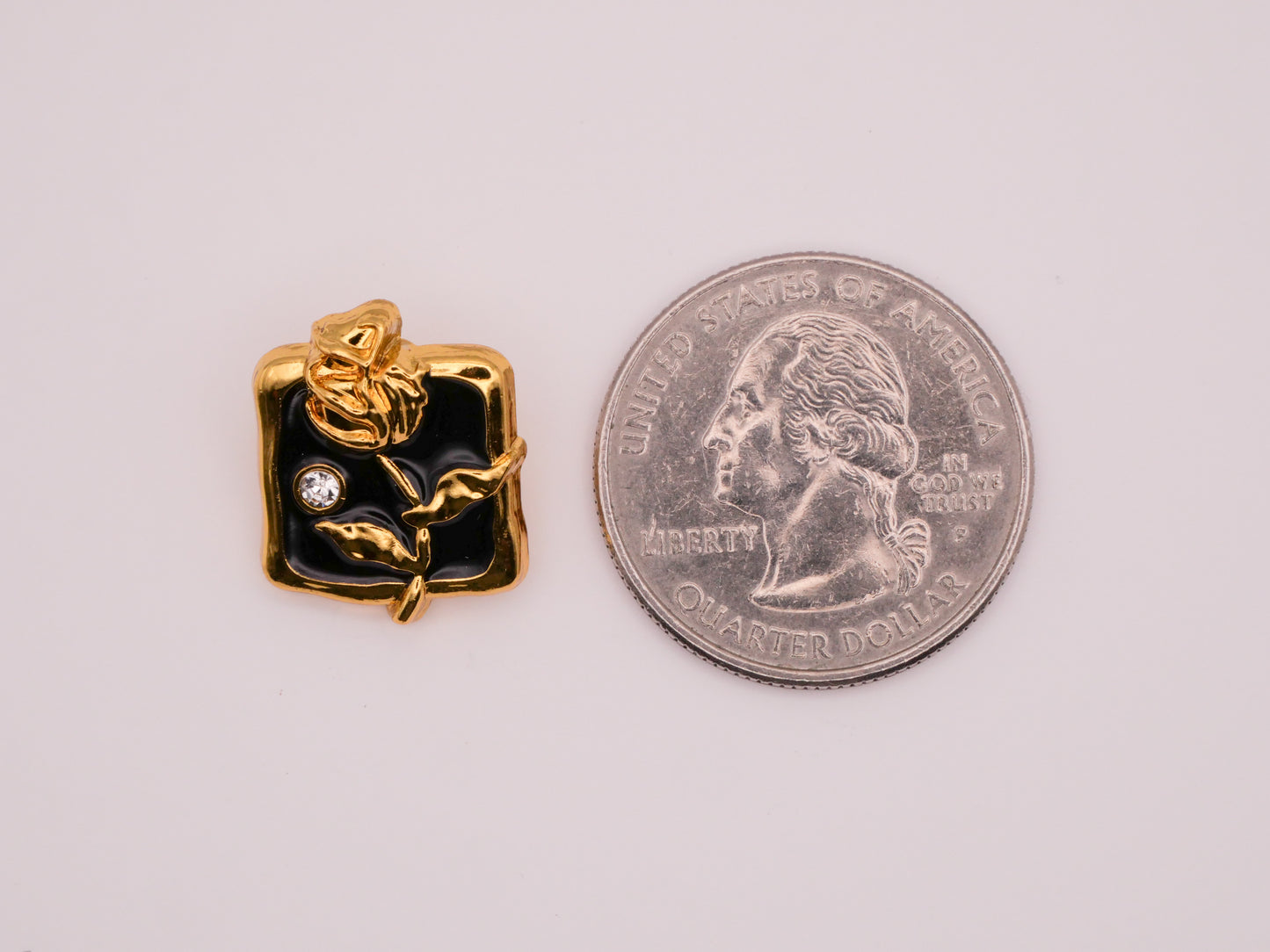 Rose Rhinestone Black Enamel Gold Metal Button 14x18mm
