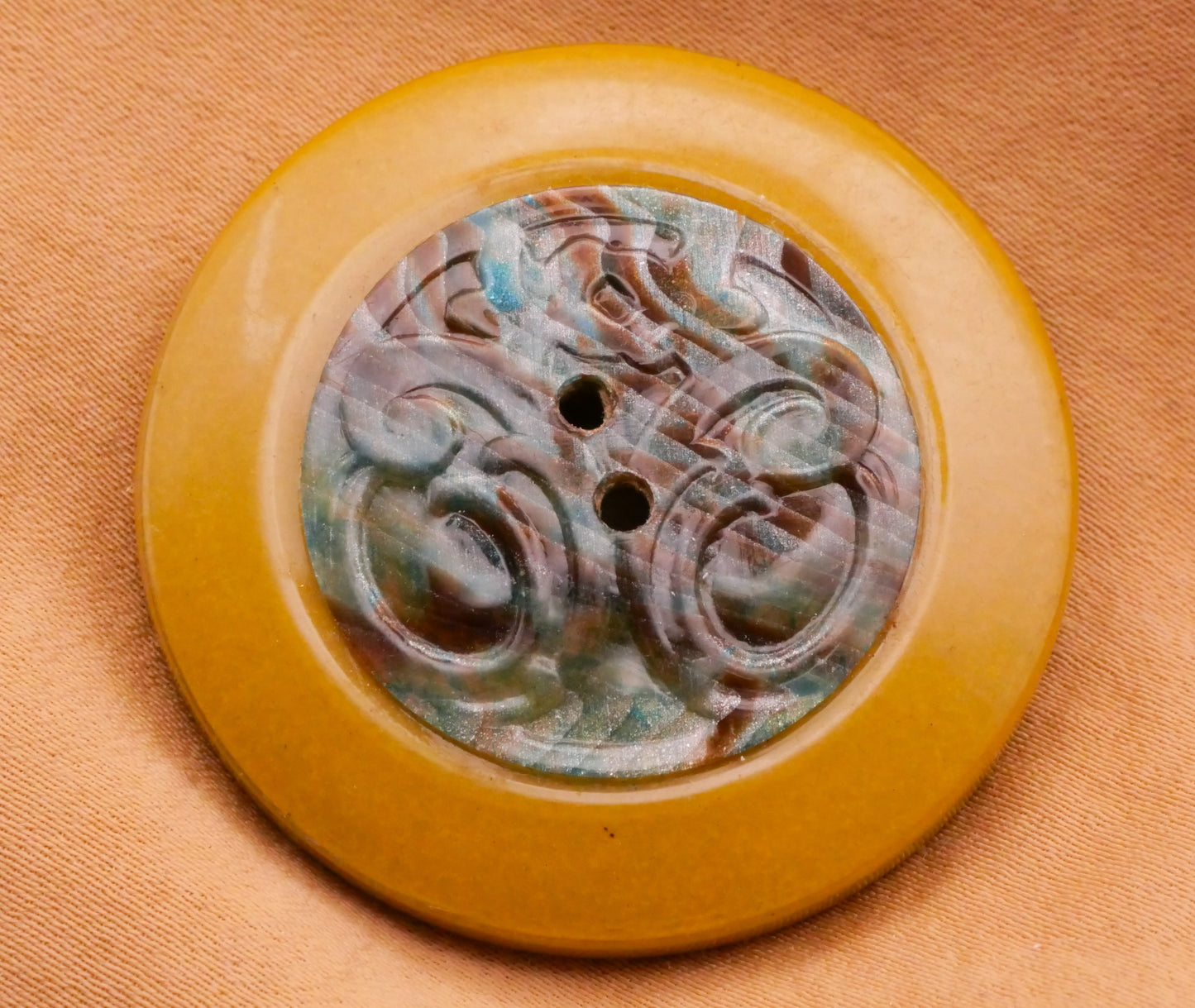 Filigree Medallion Blue Brown Large Celluloid Early Plastic Tight Top Button 38mm