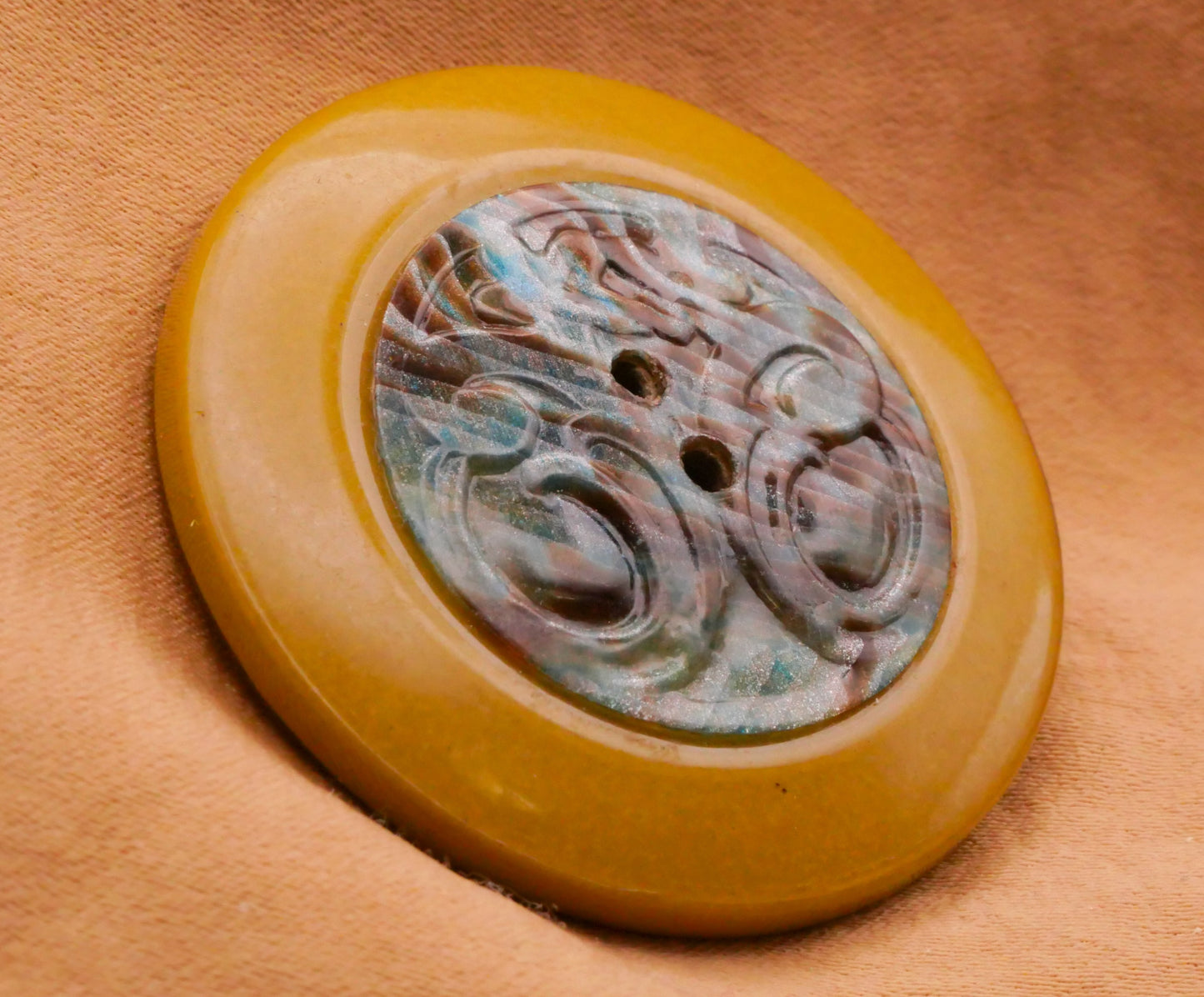 Filigree Medallion Blue Brown Large Celluloid Early Plastic Tight Top Button 38mm