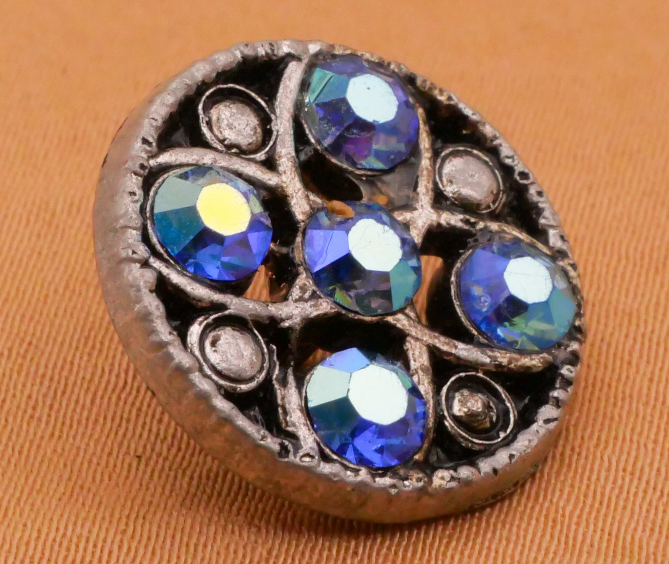 Clover Blue Iridescent Rhinestone Silver Metal Antique Button 17mm