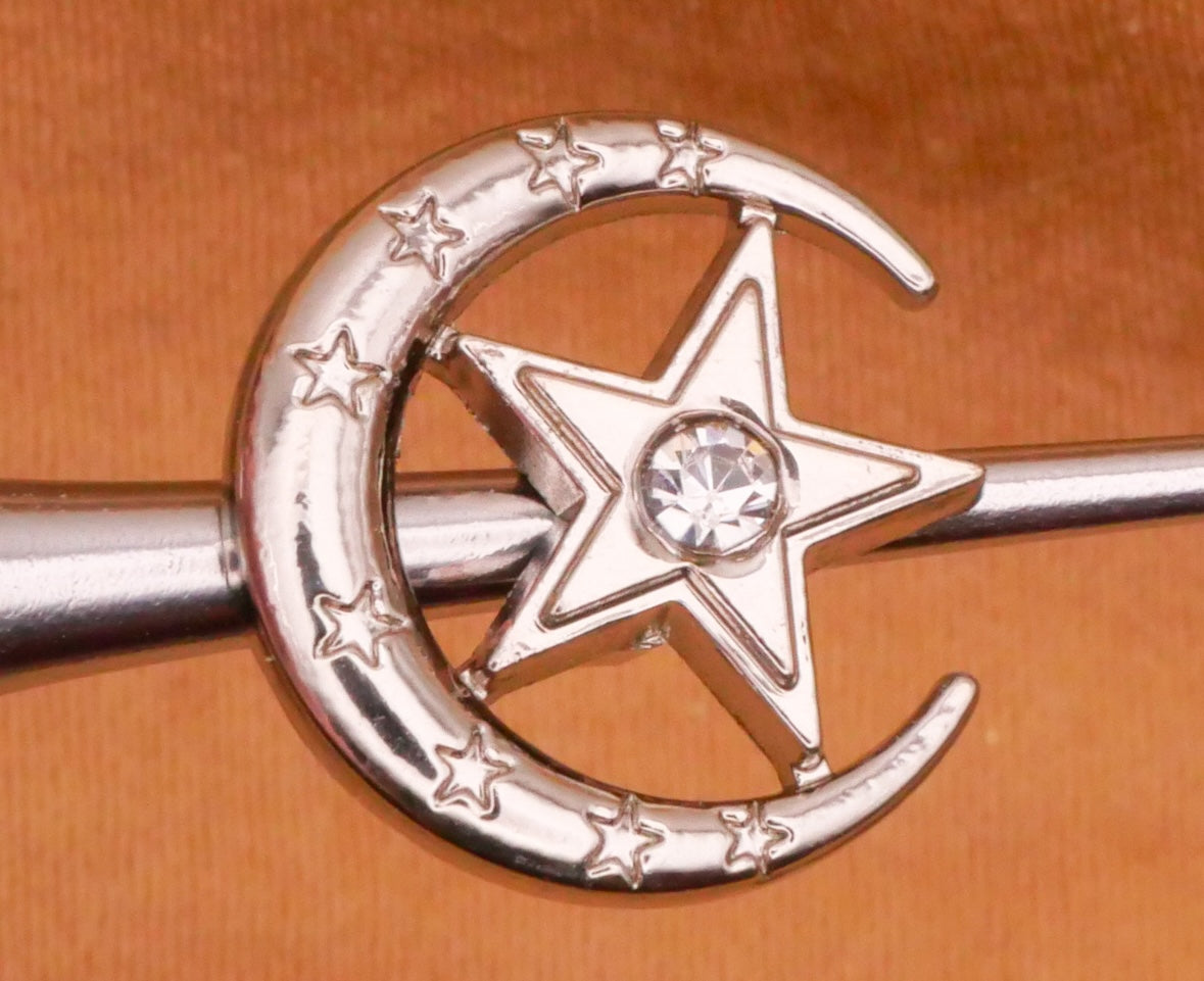 Crescent Moon Star Rhinestone Silver Metal Pair of Buttons 13mm