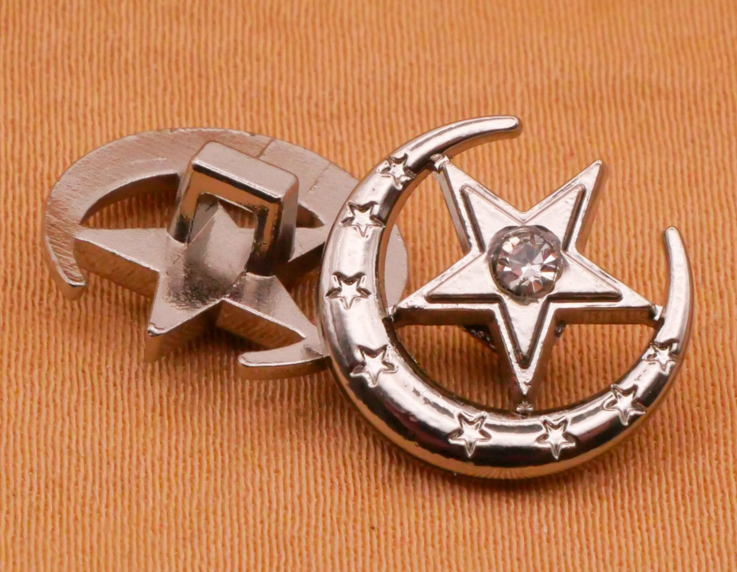 Crescent Moon Star Rhinestone Silver Metal Pair of Buttons 13mm