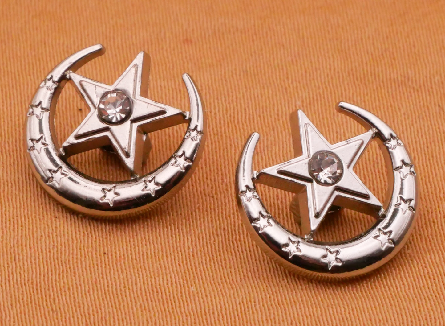 Crescent Moon Star Rhinestone Silver Metal Pair of Buttons 13mm