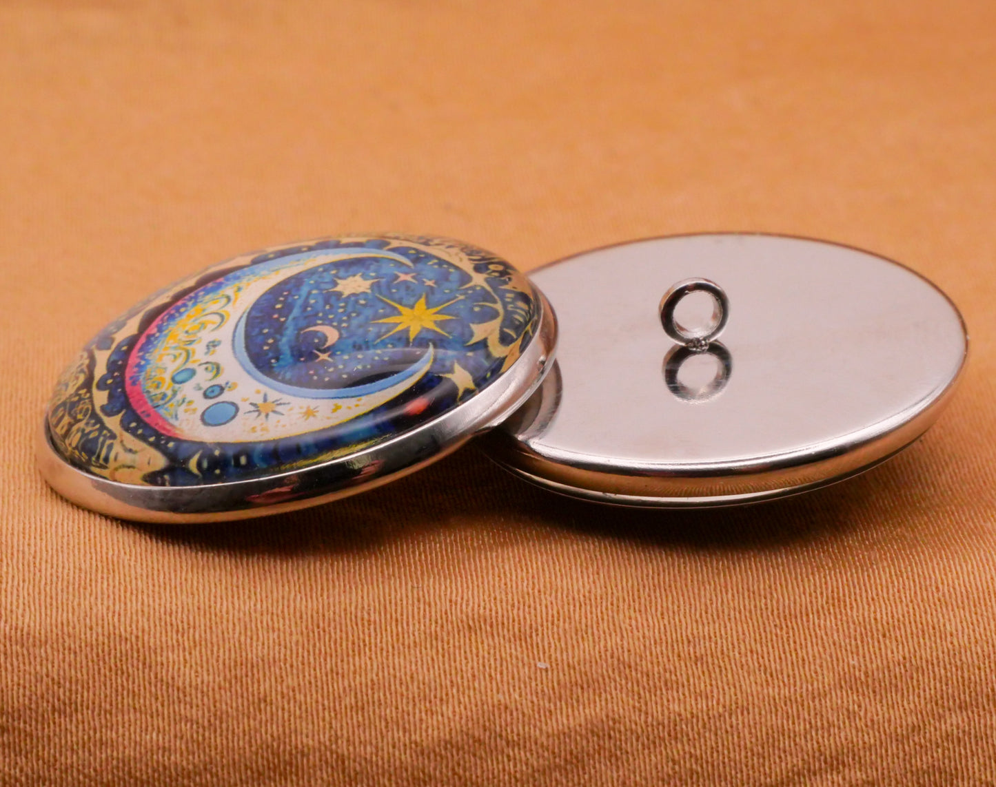 Moon Star Planets Festive Painterly Glass Silver Metal Button 27mm