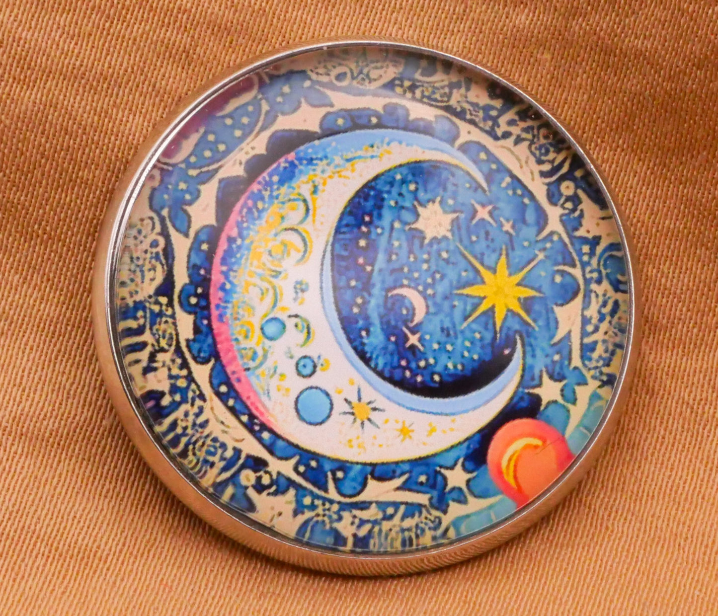 Moon Star Planets Festive Painterly Glass Silver Metal Button 27mm