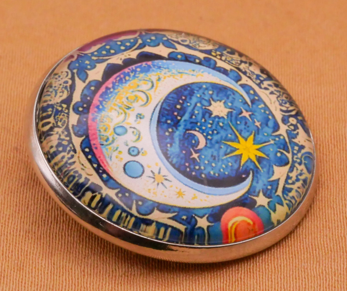 Moon Star Planets Festive Painterly Glass Silver Metal Button 27mm
