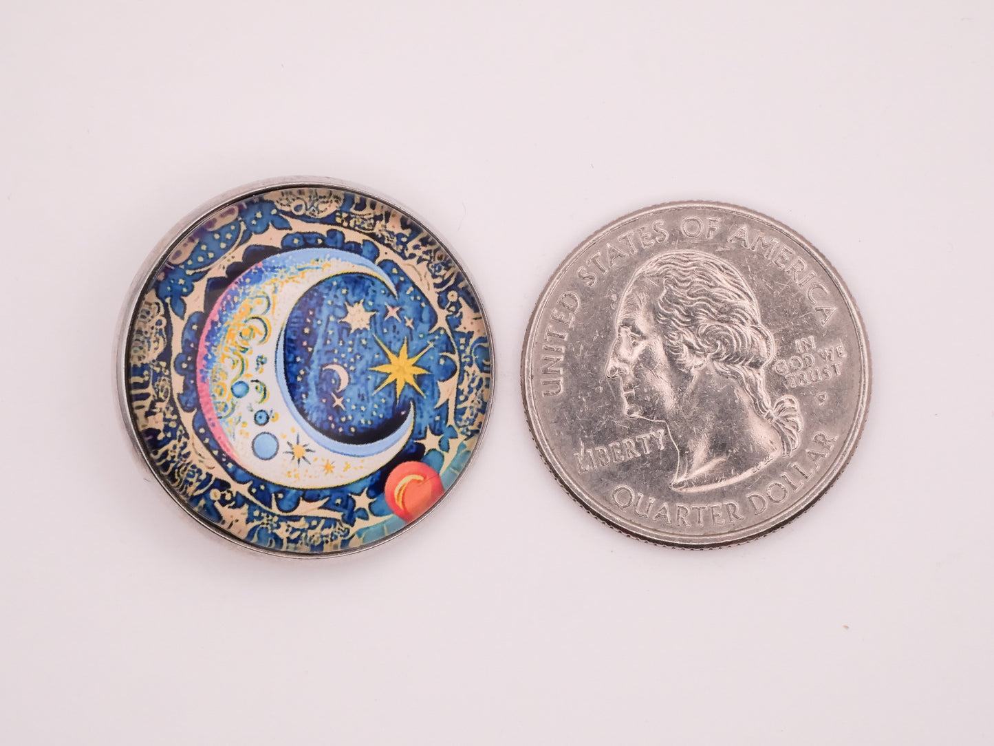 Moon Star Planets Festive Painterly Glass Silver Metal Button 27mm