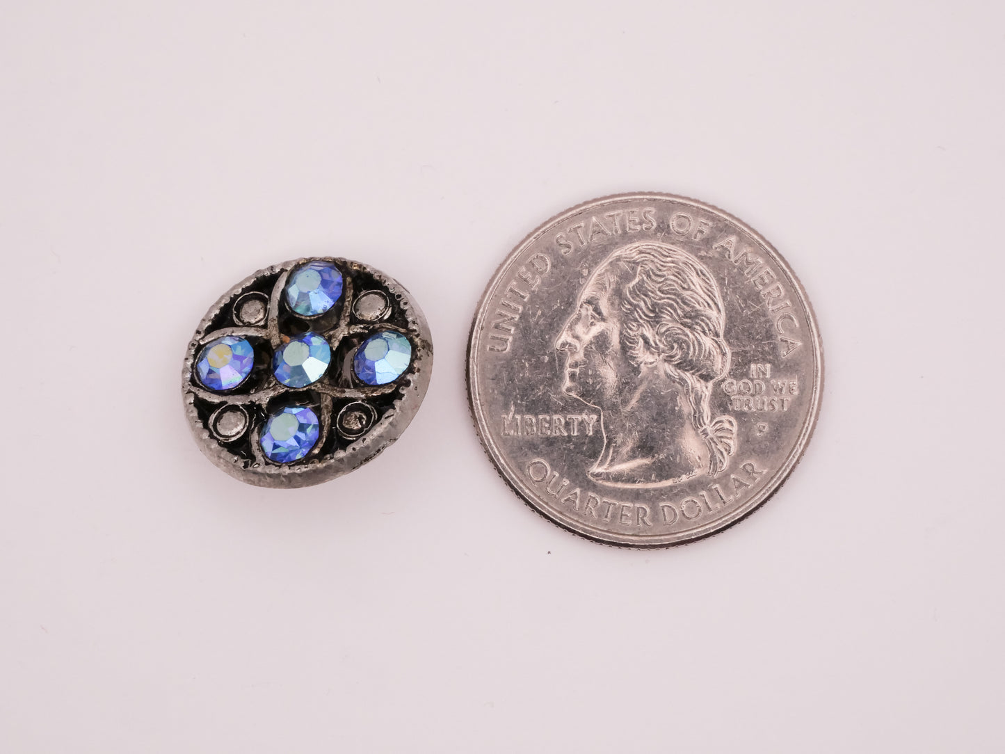 Clover Blue Iridescent Rhinestone Silver Metal Antique Button 17mm