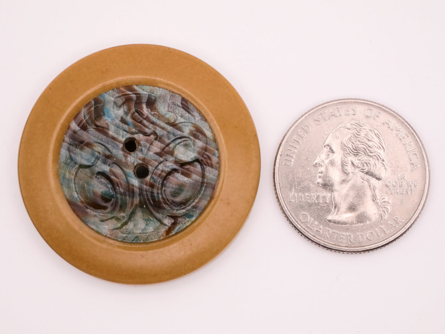 Filigree Medallion Blue Brown Large Celluloid Early Plastic Tight Top Button 38mm