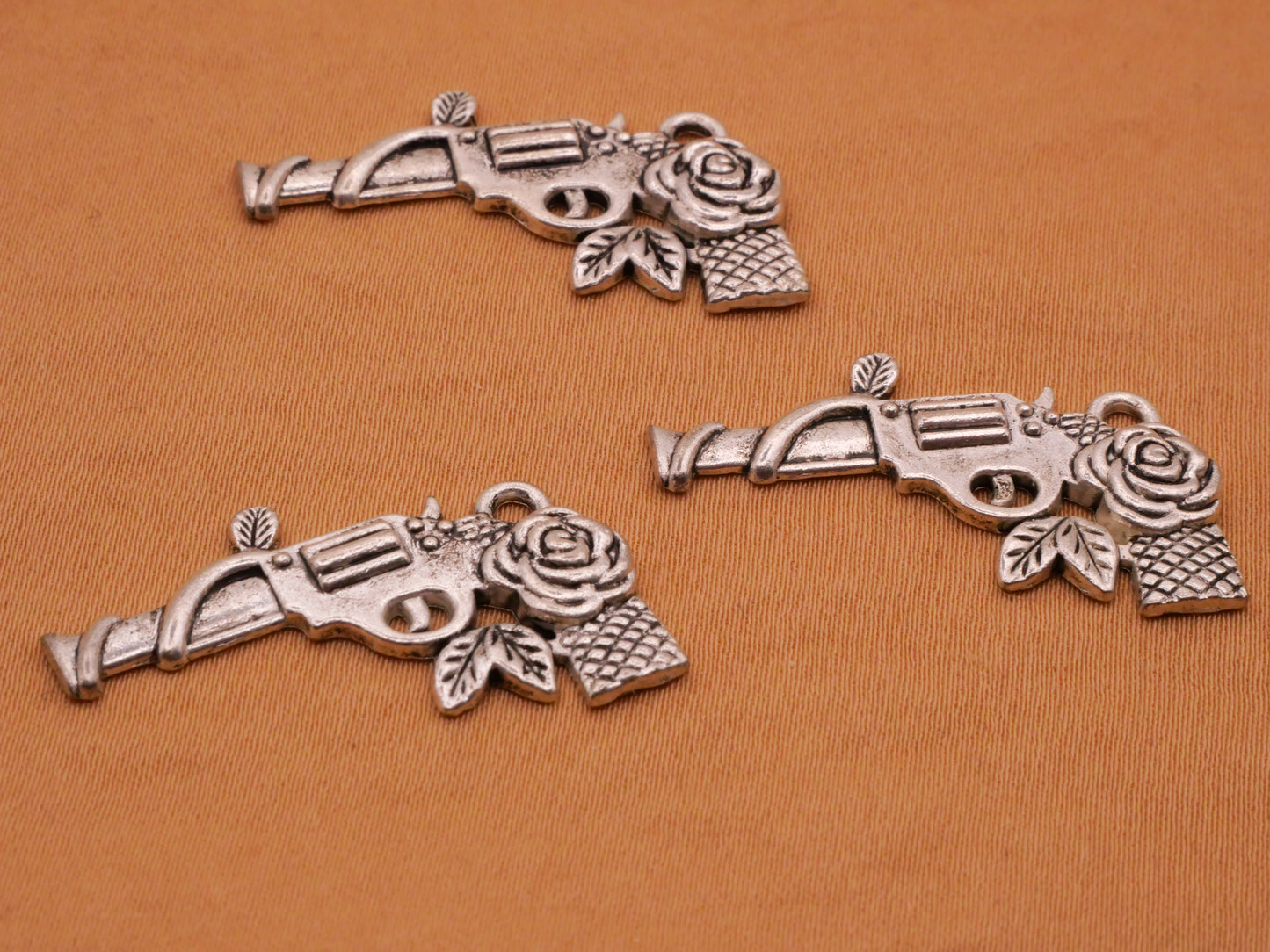 Rose Pistol Gun Shaped Silver Metal Set of Three Charms Embellishments 18x31mm