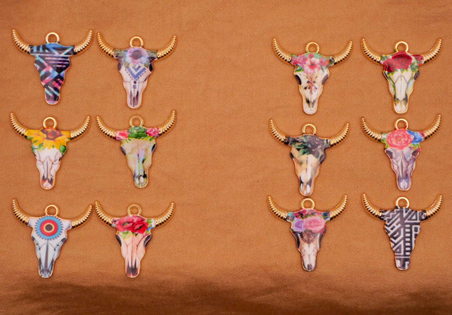 Cattle Cow Skull Roses Designs Metal Set of Six Charms Embellishments Various 22mm