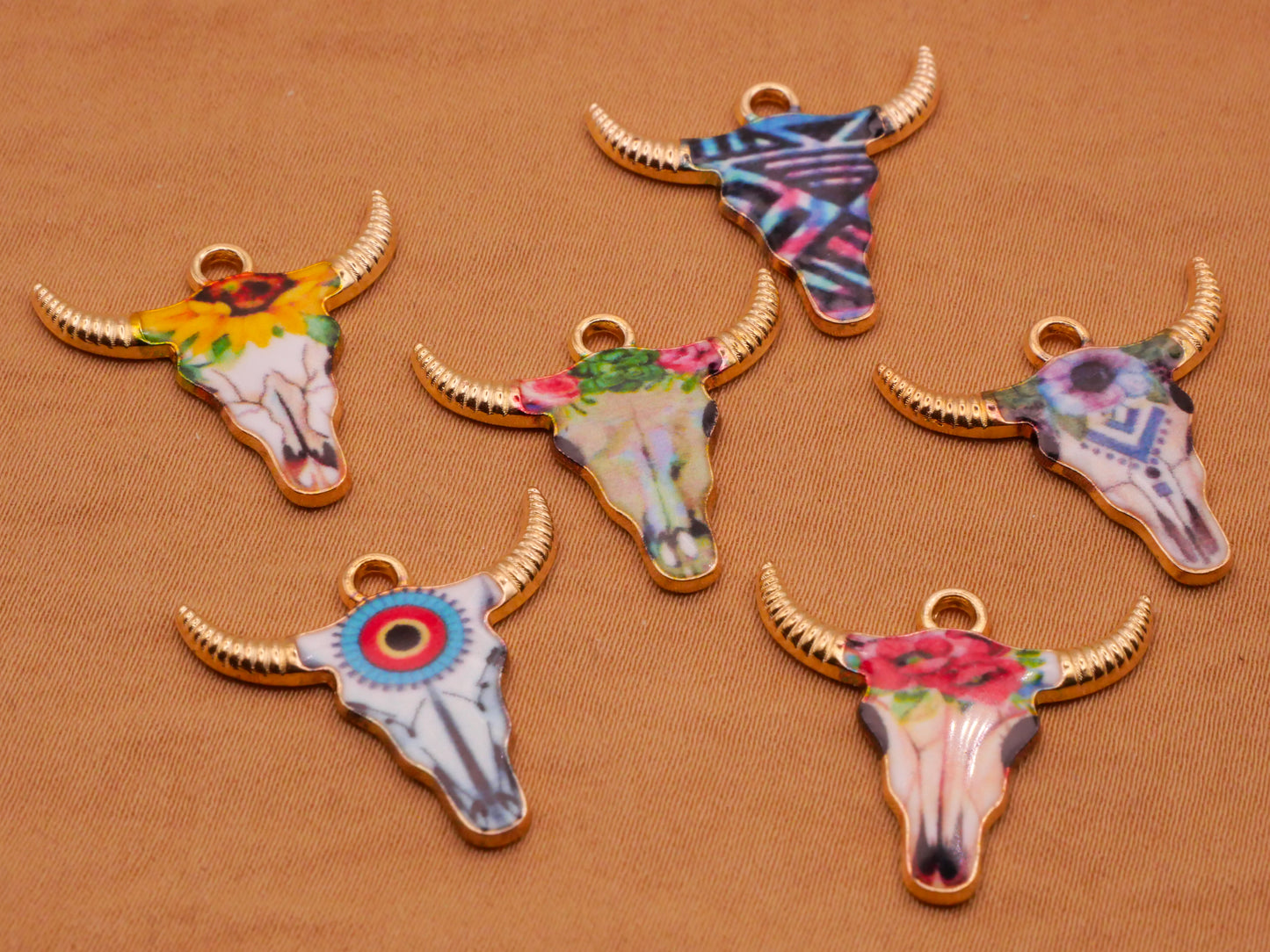 Cattle Cow Skull Roses Designs Metal Set of Six Charms Embellishments Various 22mm