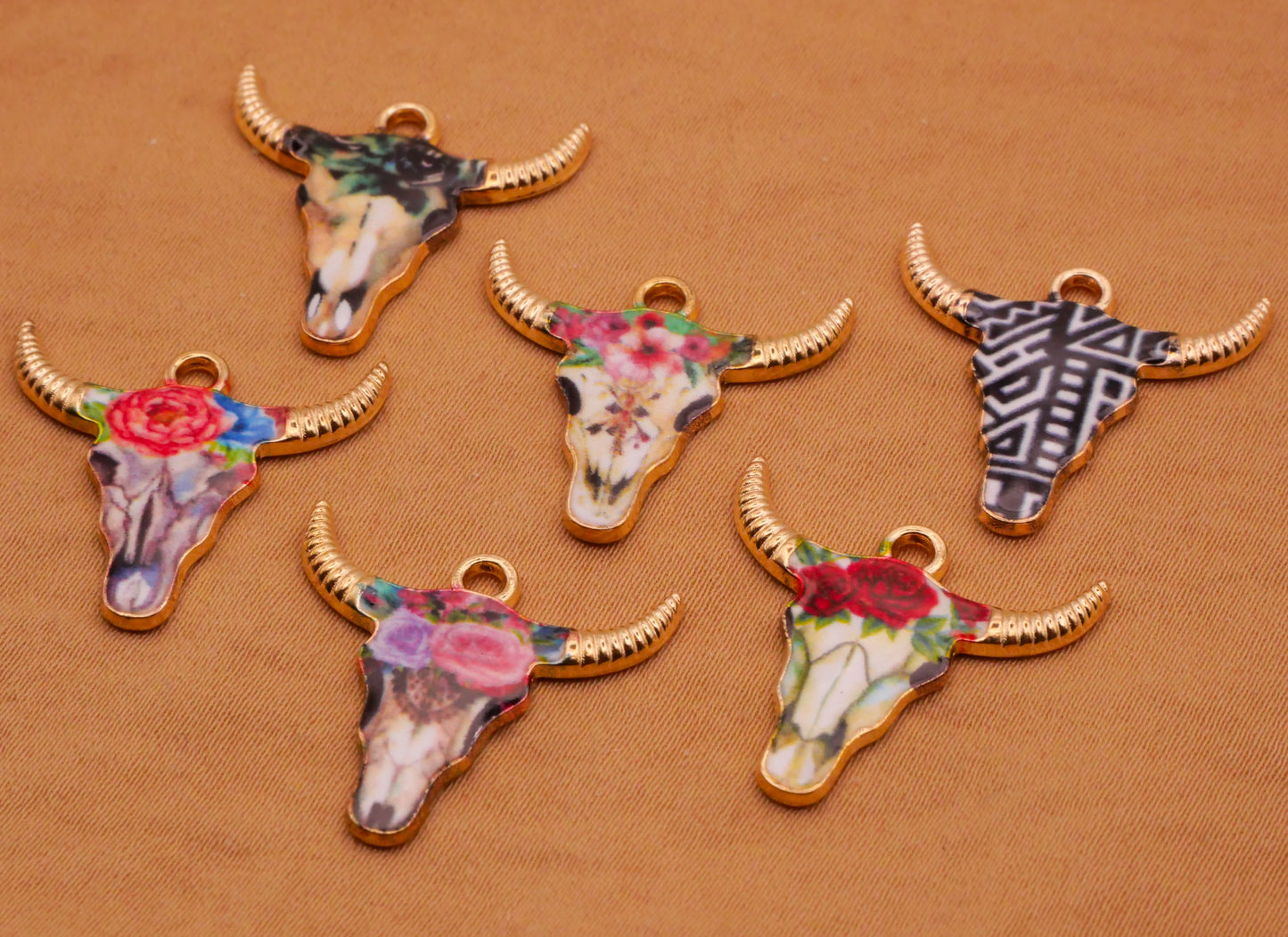 Cattle Cow Skull Roses Designs Metal Set of Six Charms Embellishments Various 22mm