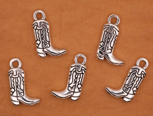 Cowboy Boot Shoe Silver Metal Set of Five Charms Embellishments 11x18mm