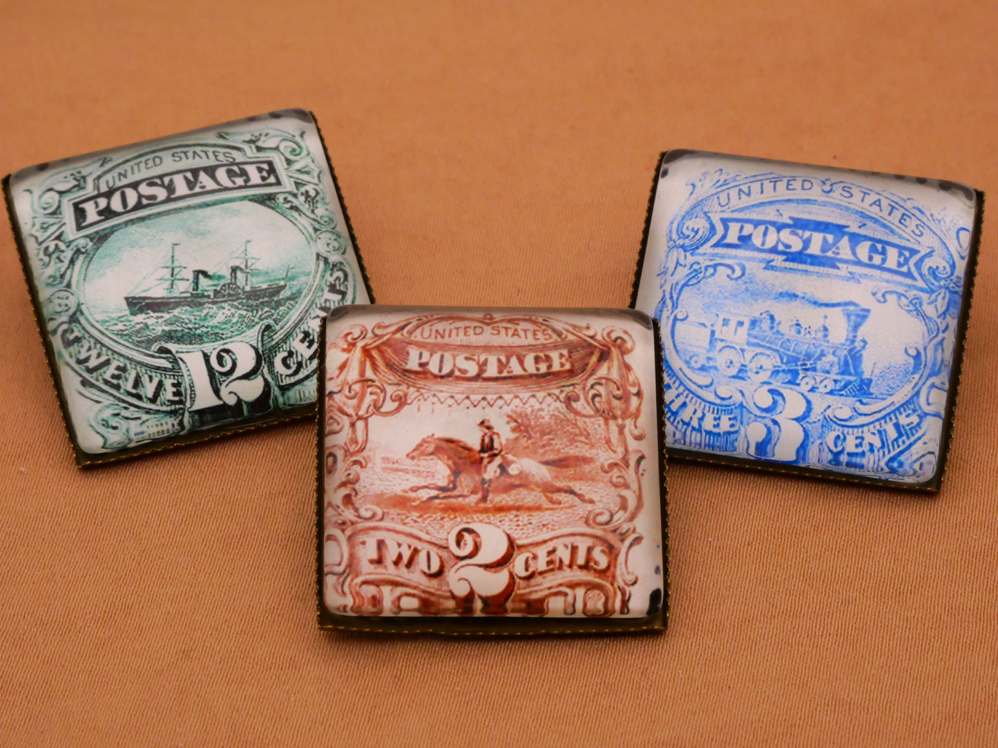 Stamp Transportation Reproduction Square Glass Bronze Metal Button Various 27mm