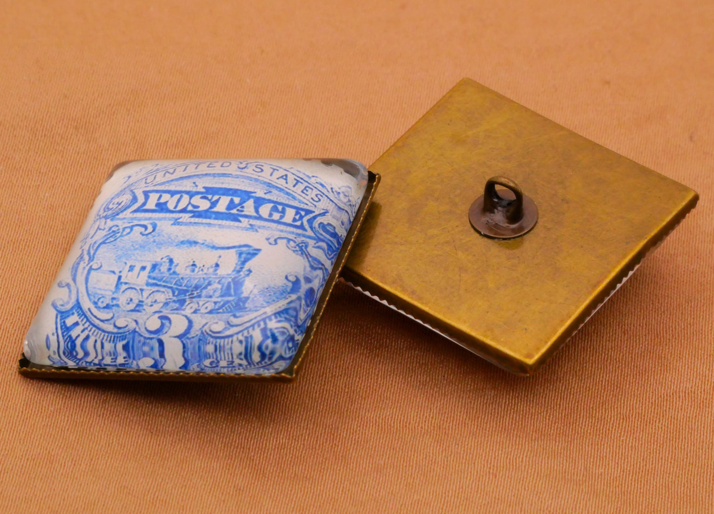 Stamp Transportation Reproduction Square Glass Bronze Metal Button Various 27mm