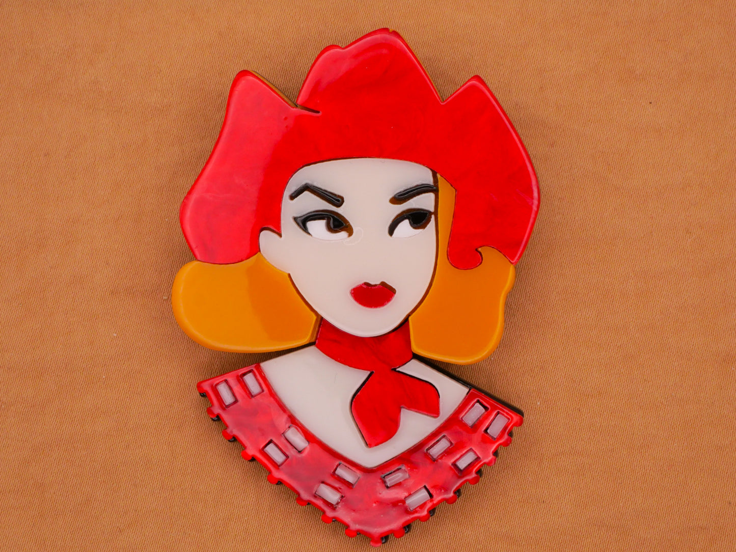 Cowgirl Hat Red Head Woman Large Acrylic Plastic Button 48x67mm
