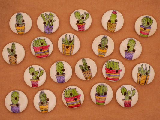 Cactus House Plant Wood Assorted Set of Twenty Buttons 15mm