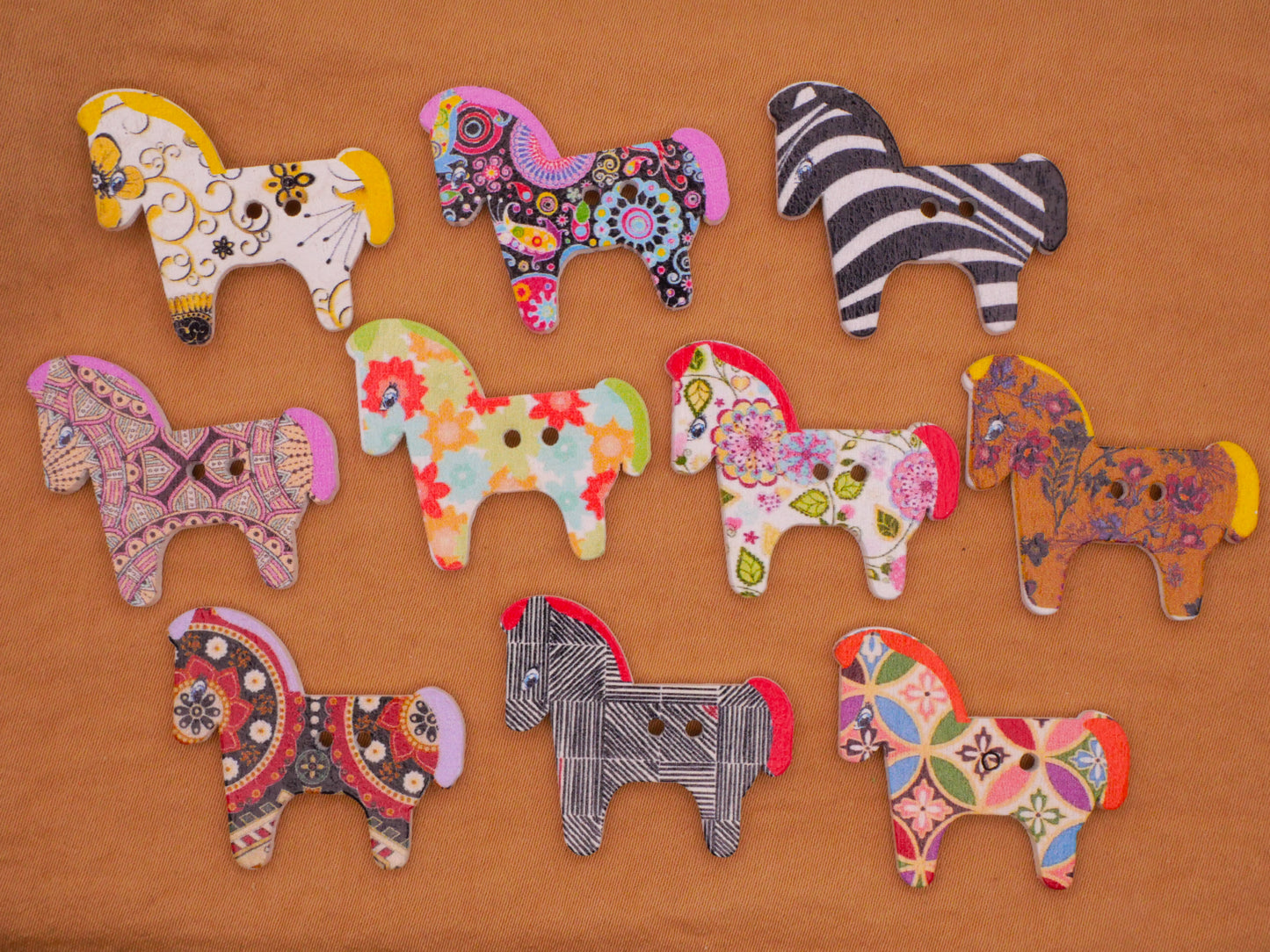 Horse Colorful Pattern Wood Set of Ten Buttons 25x28mm