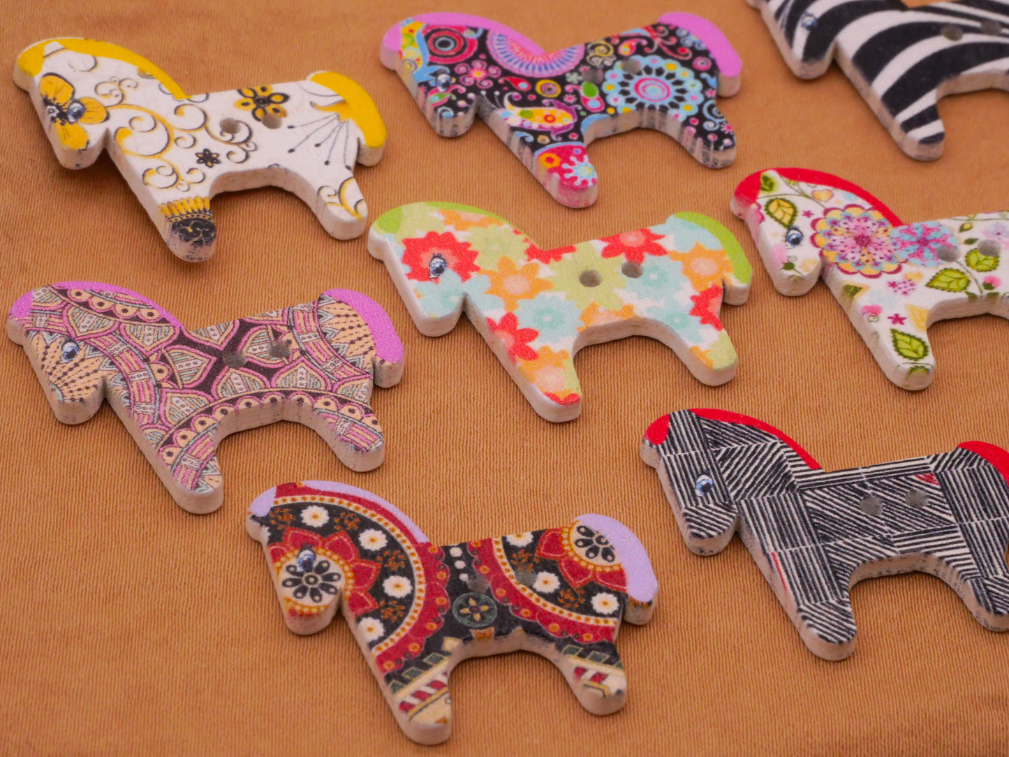 Horse Colorful Pattern Wood Set of Ten Buttons 25x28mm