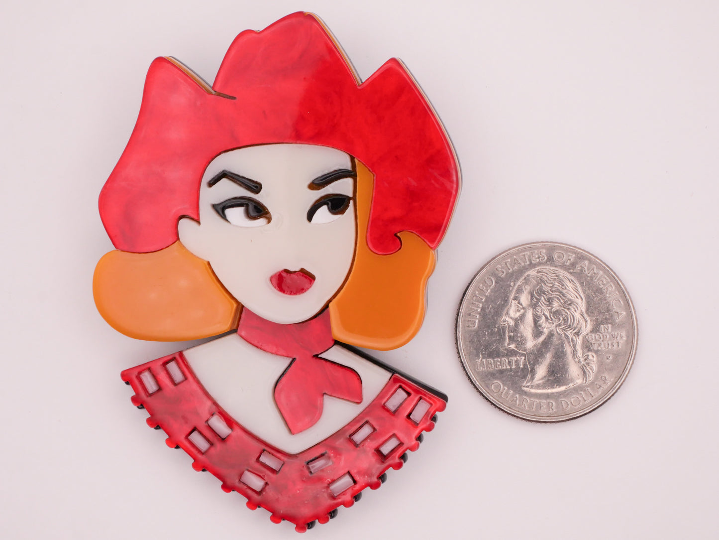 Cowgirl Hat Red Head Woman Large Acrylic Plastic Button 48x67mm