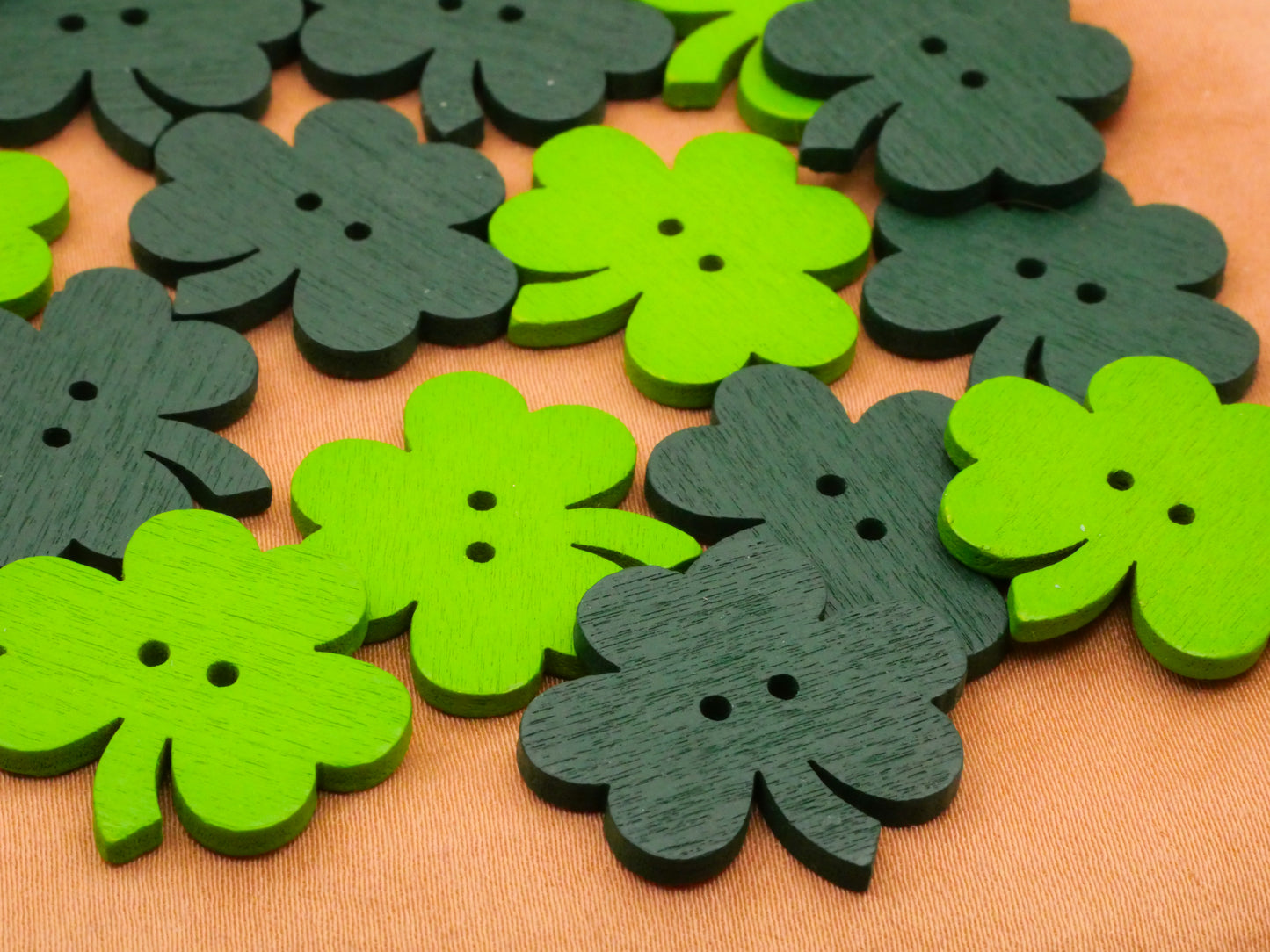 Shamrock Clover Two Shades Green Wood Set of Twenty Buttons 23x25mm