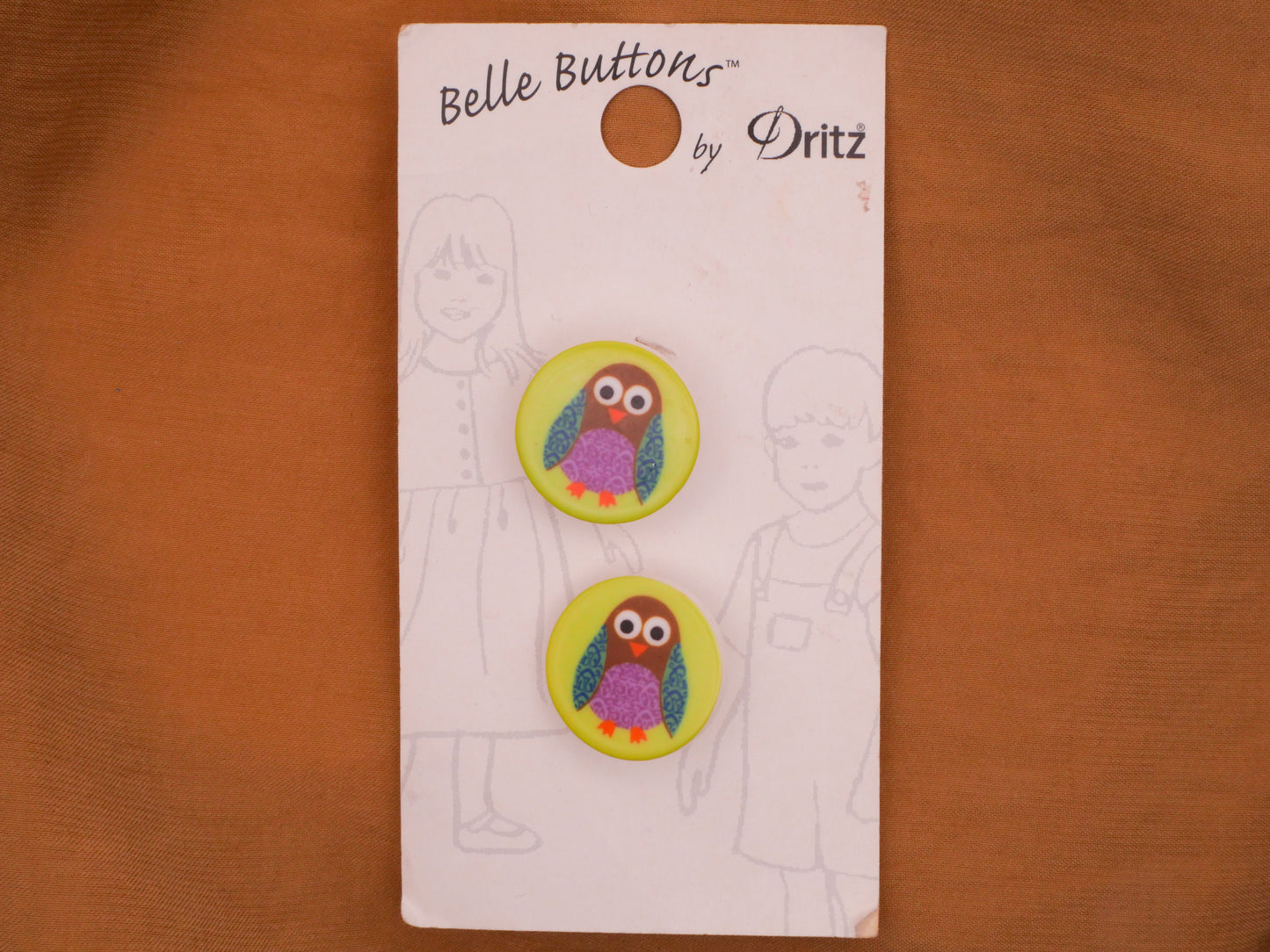 Owl Green Teal Purple Plastic Carded Pair of Buttons 18mm