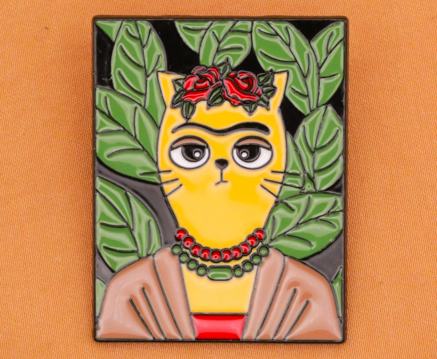 Frida Kahlo Kitty Cat Portrait Enamel Metal Large Button 26x34mm