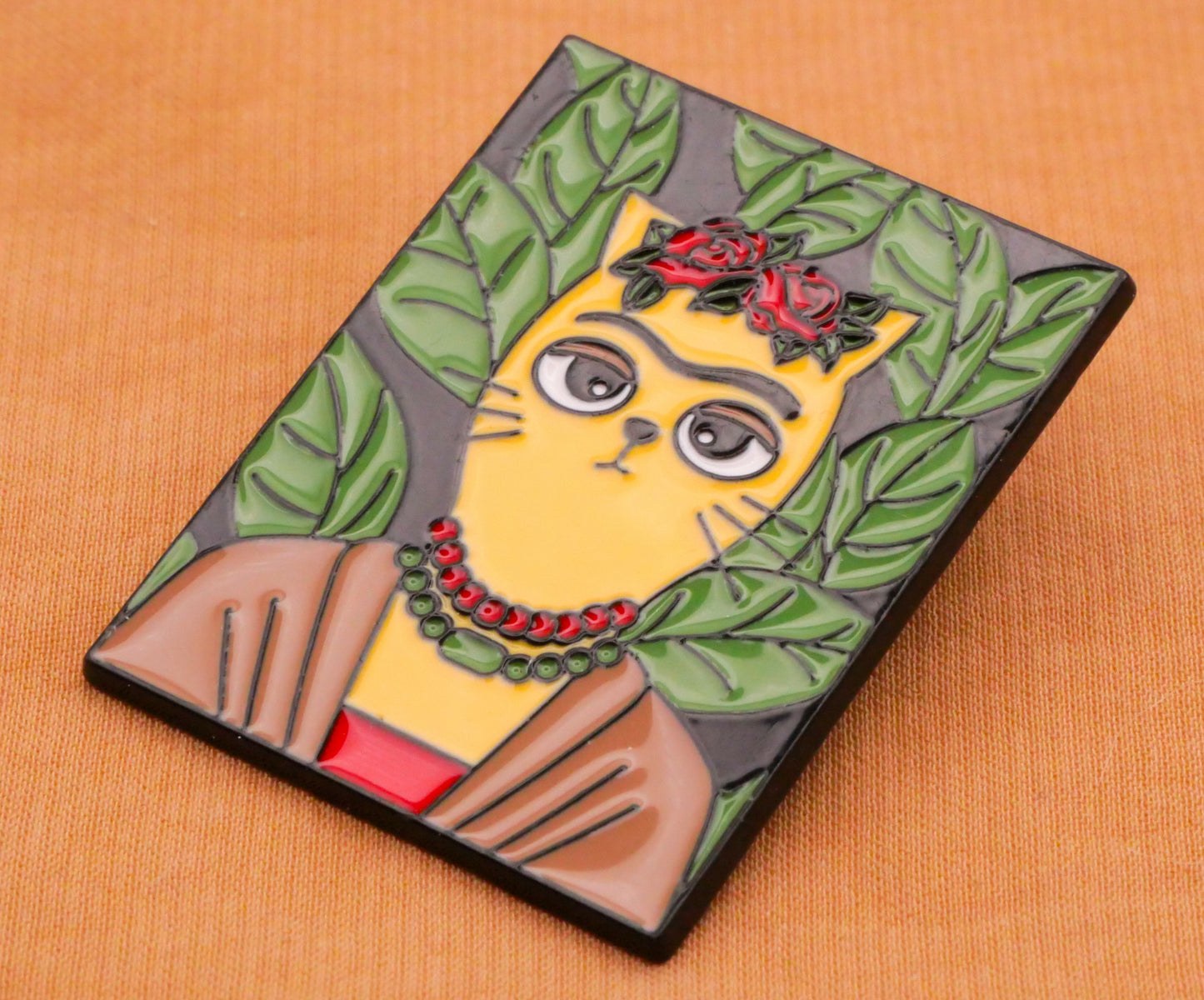 Frida Kahlo Kitty Cat Portrait Enamel Metal Large Button 26x34mm