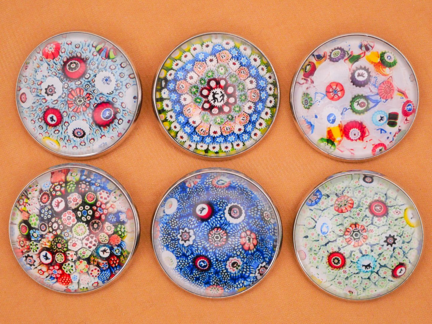 Millefiori Reproduction Glass Dome Silver Metal Button Various 27mm