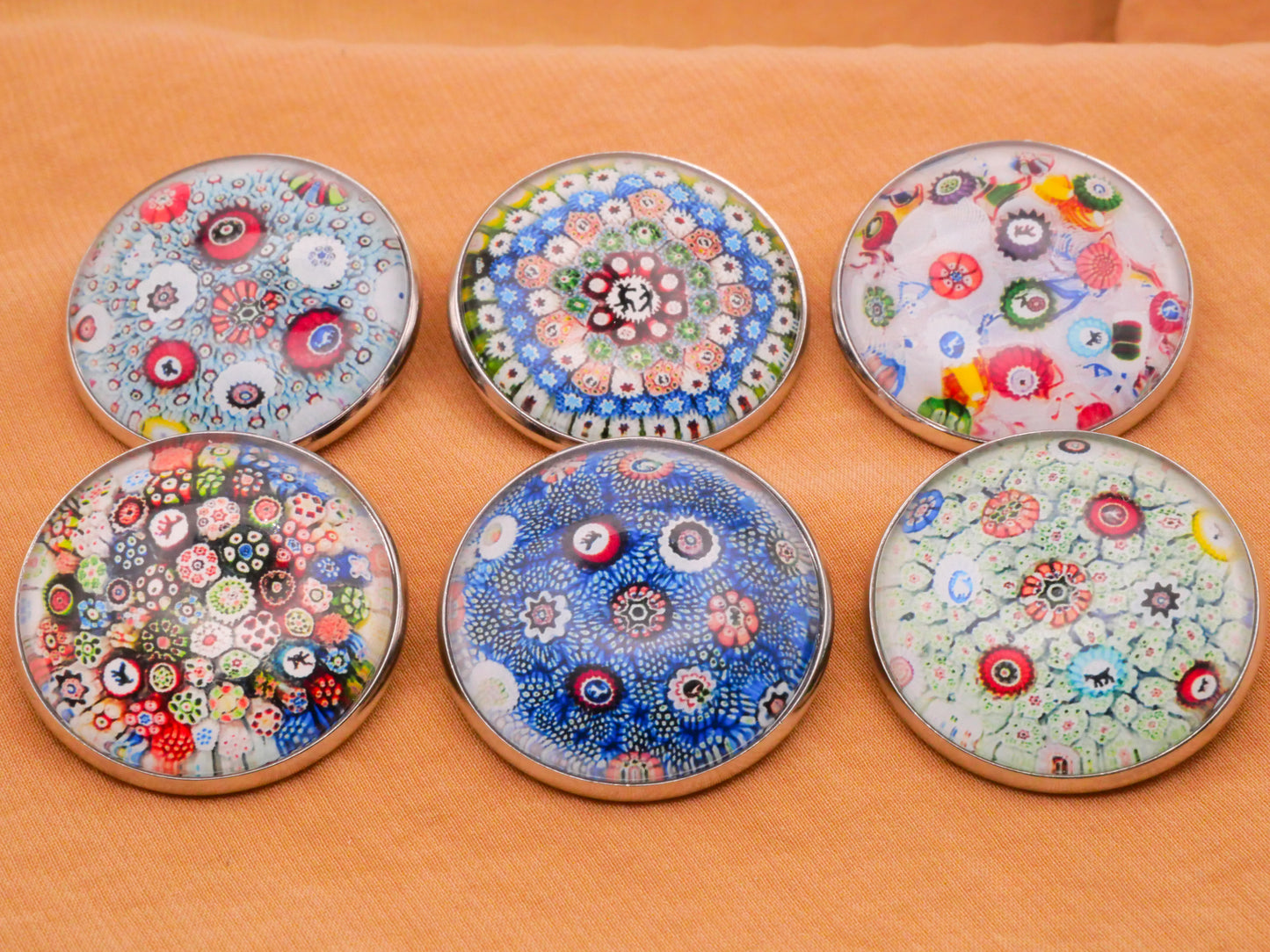 Millefiori Reproduction Glass Dome Silver Metal Button Various 27mm