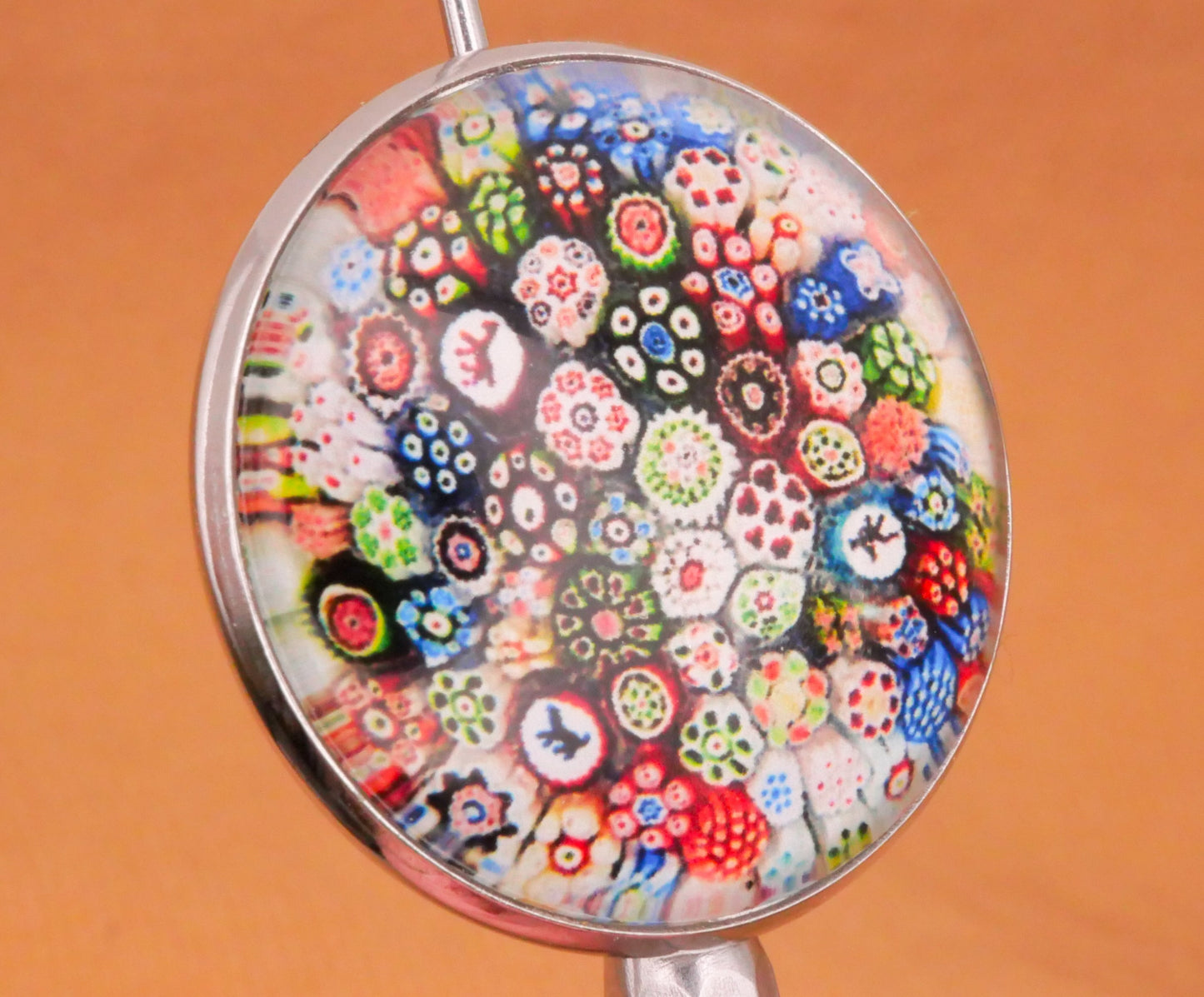 Millefiori Reproduction Glass Dome Silver Metal Button Various 27mm