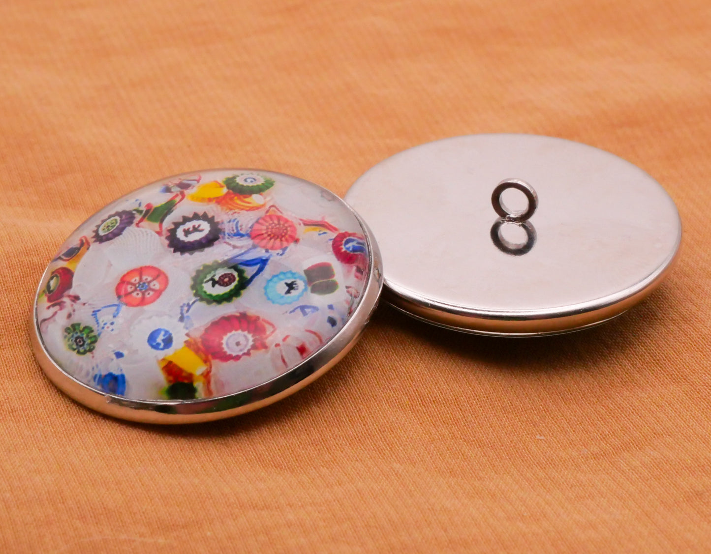 Millefiori Reproduction Glass Dome Silver Metal Button Various 27mm