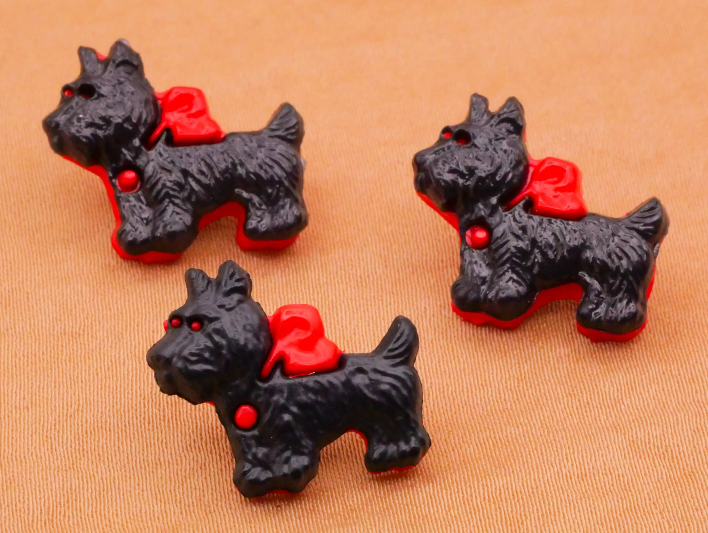 Scottie Dog Black Red Bow Snap-Together Plastic Button 15x17mm