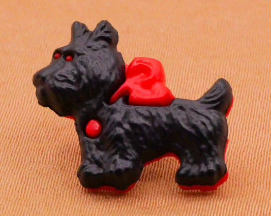 Scottie Dog Black Red Bow Snap-Together Plastic Button 15x17mm