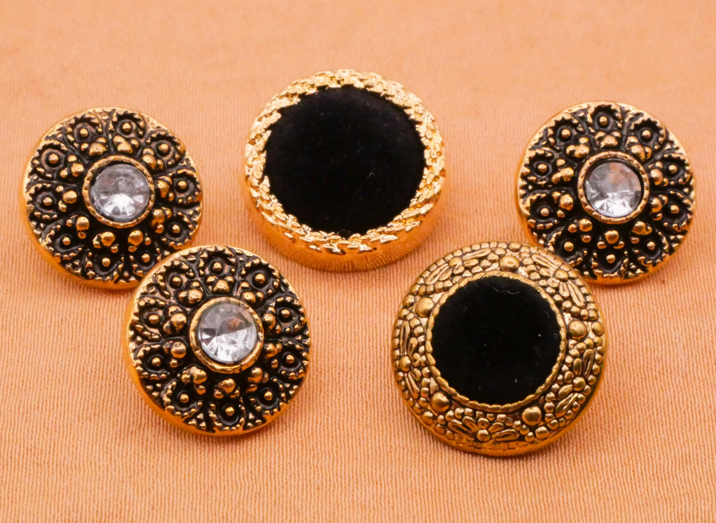 Decorative Rhinestone Velvet Gold Plastic Assorted Set of Five Buttons 13-15mm