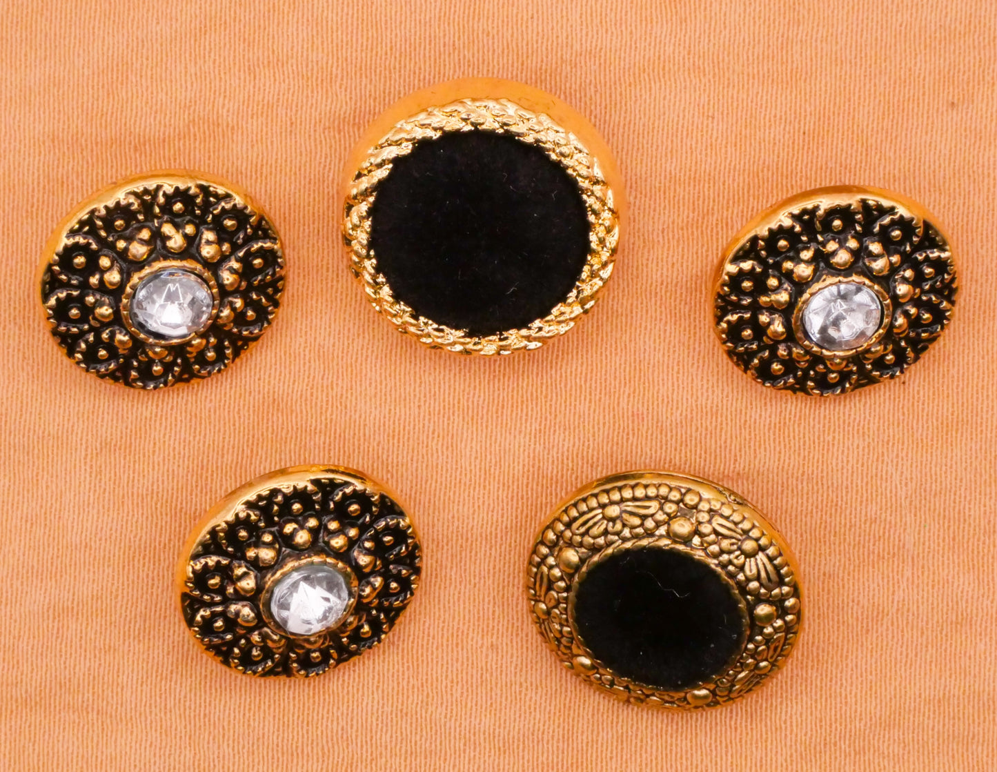 Decorative Rhinestone Velvet Gold Plastic Assorted Set of Five Buttons 13-15mm
