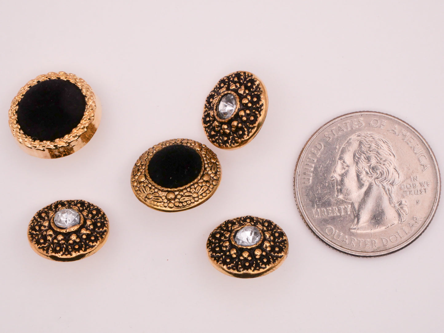Decorative Rhinestone Velvet Gold Plastic Assorted Set of Five Buttons 13-15mm