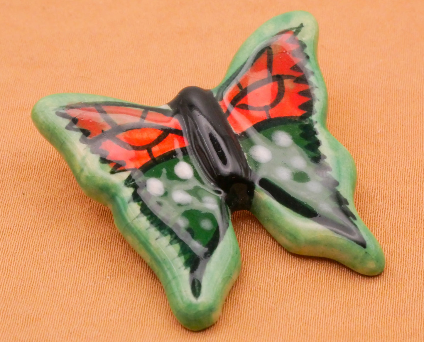 Butterfly Green Orange Large Hand-Painted Ceramic WW Studio Button 35x36mm