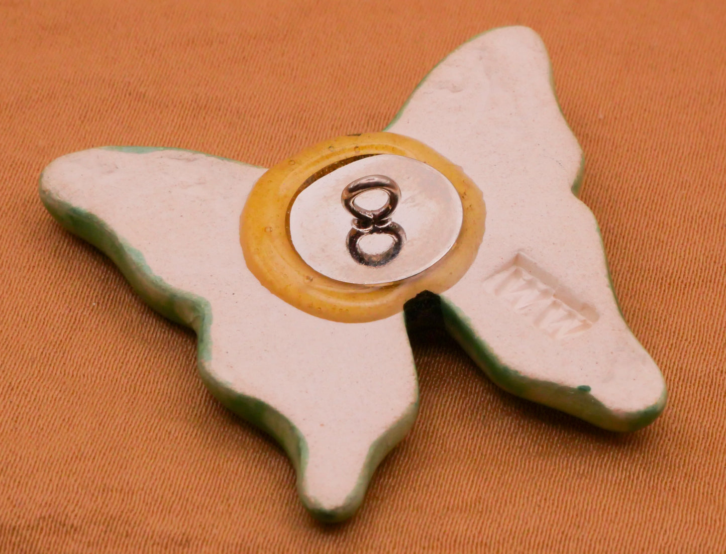 Butterfly Green Orange Large Hand-Painted Ceramic WW Studio Button 35x36mm