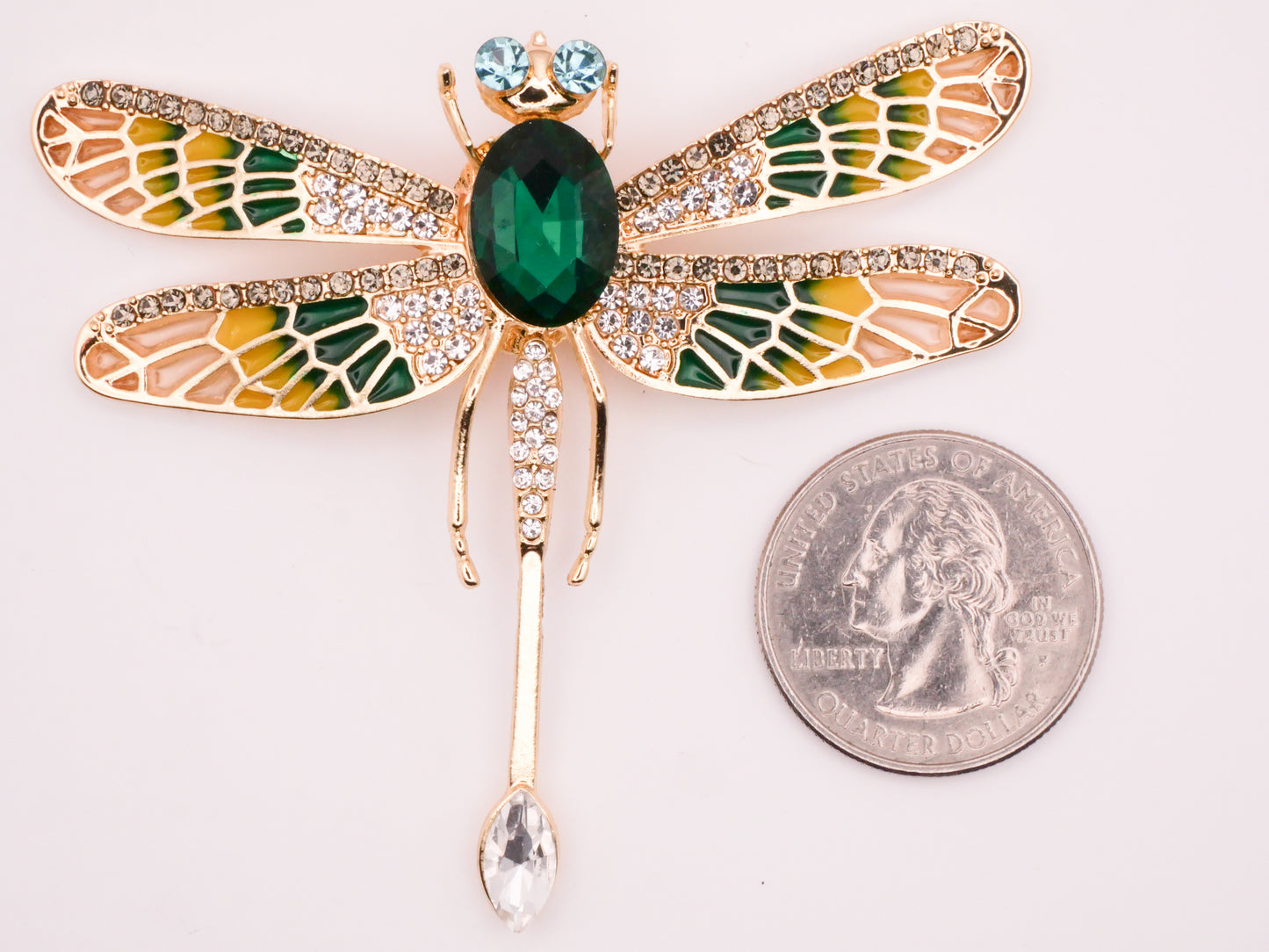 Dragonfly Moveable Emerald Rhinestone Gold Metal Large Button 62x70mm
