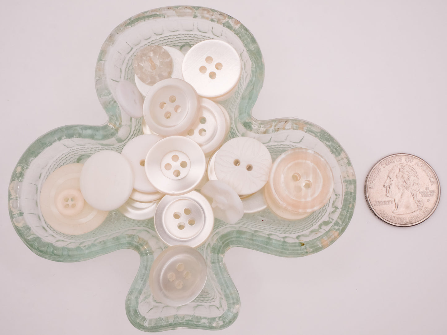 Shamrock Clover Glass Dish and White Clear Plastic Buttons 4x4in