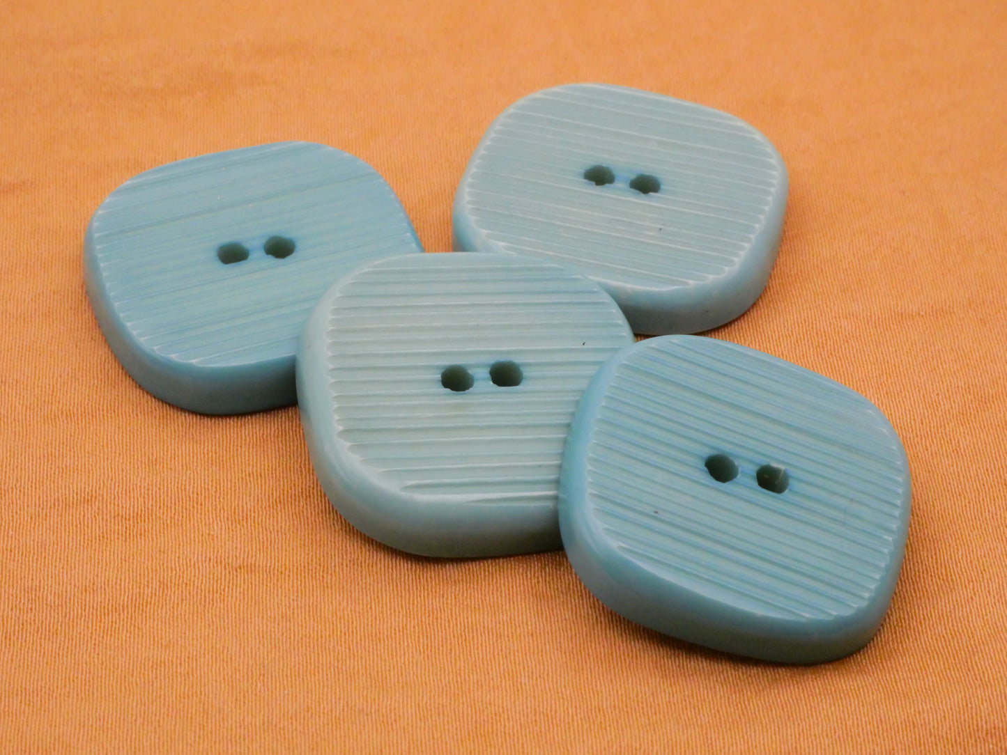 Teal Blue Green Ribbed Squarish Plastic Set of Four Buttons 24x25mm