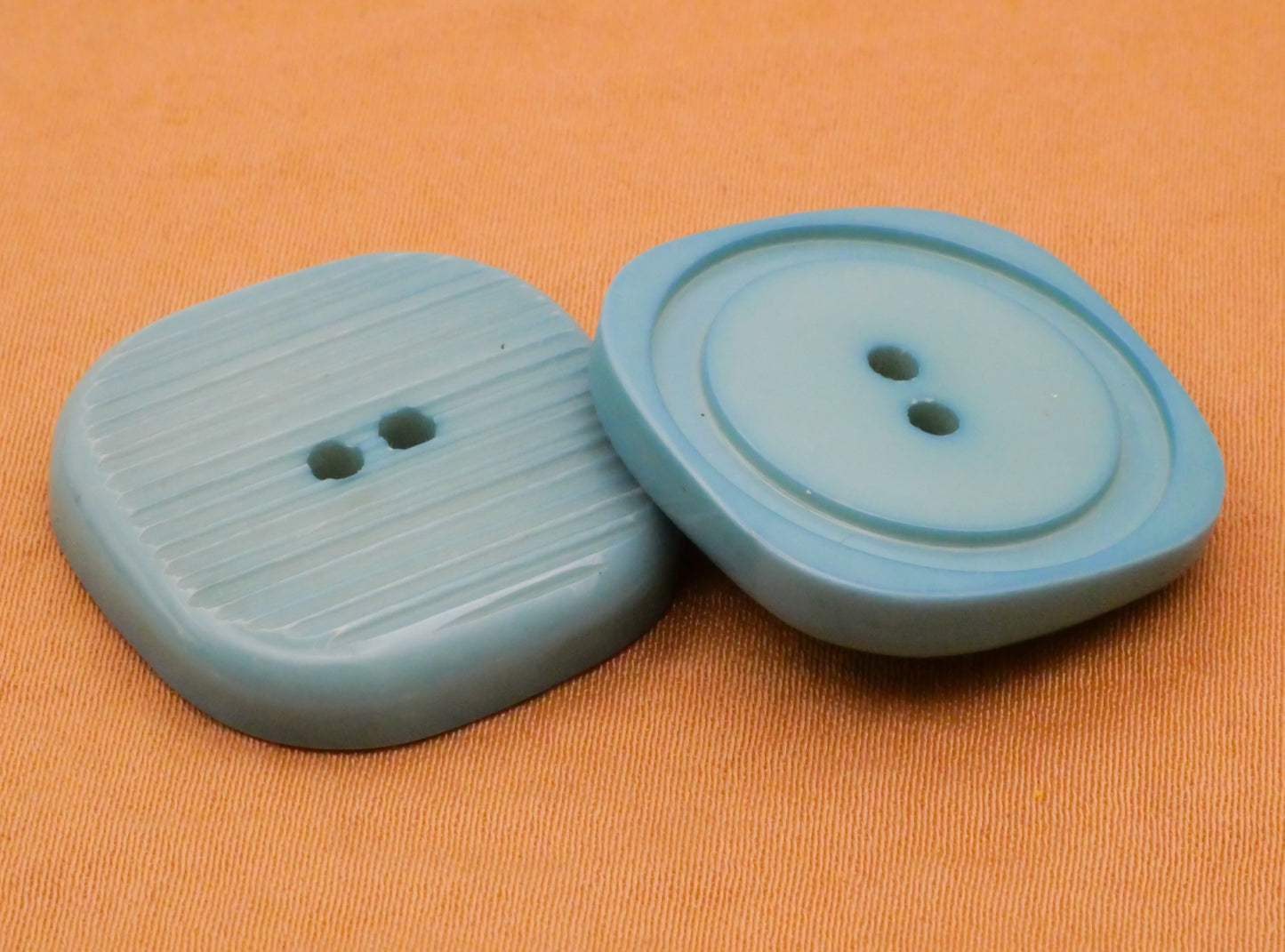 Teal Blue Green Ribbed Squarish Plastic Set of Four Buttons 24x25mm