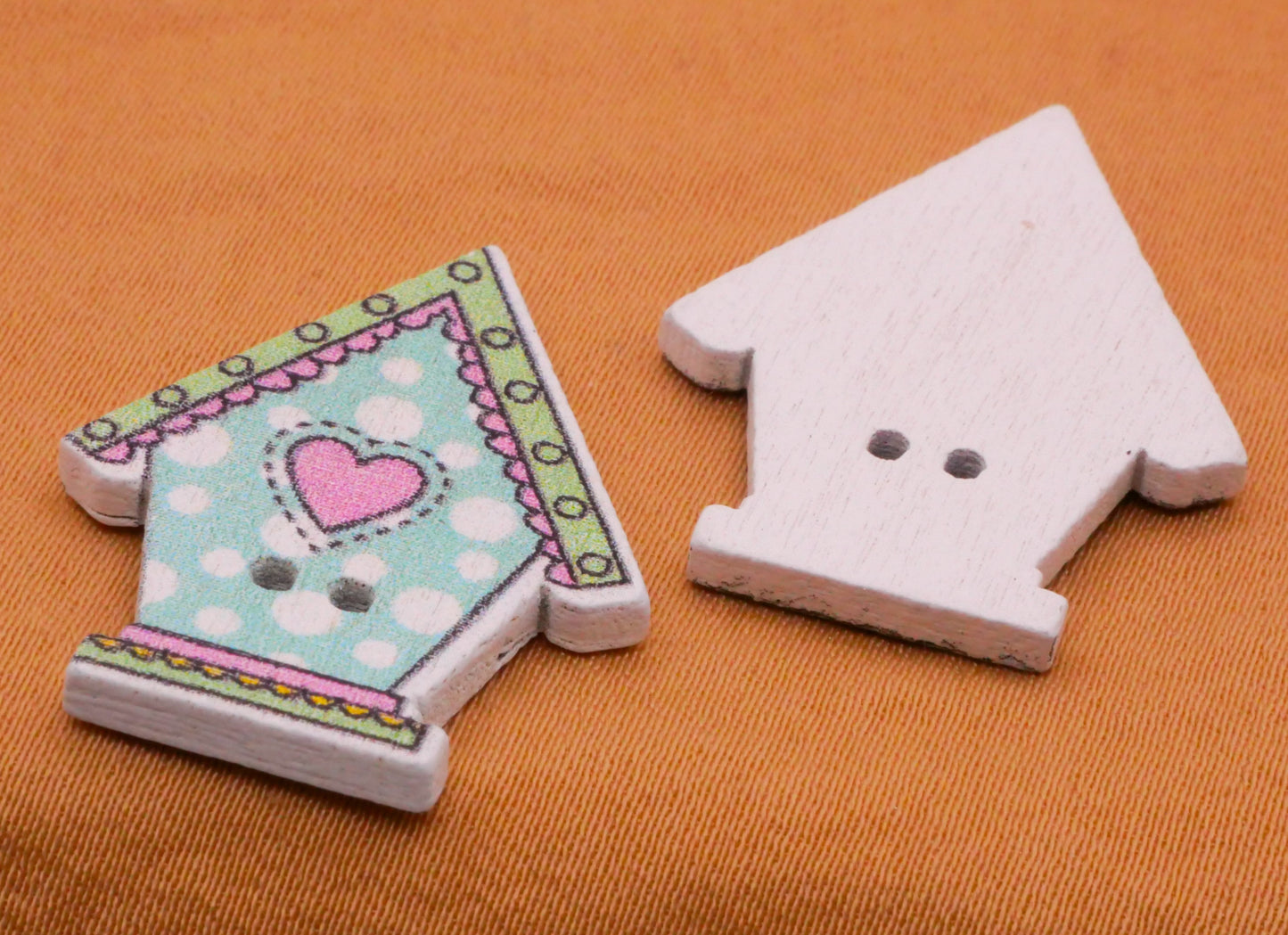Birdhouse Bird House Patterned Wood Set of Ten Buttons 22x28mm