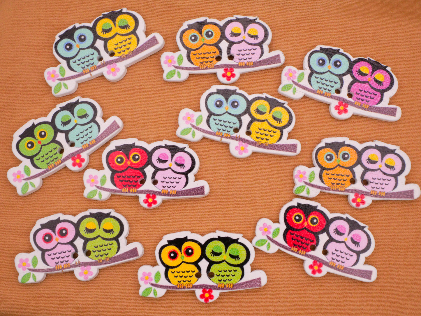 Owl Friends Branch Wood Set of Ten Buttons 19x35mm